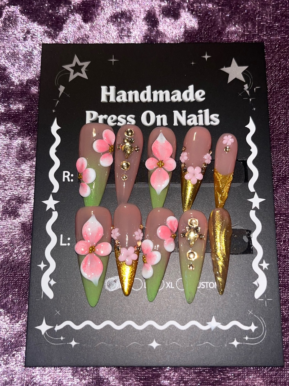Handmade Pink Floral Gold Accent Press-On Nails